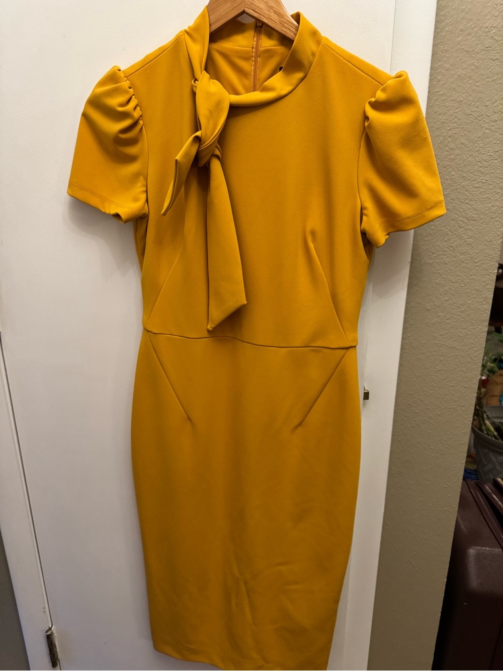 Maggy London Mustard Tie-Neck Puff Sleeve Midi Dress